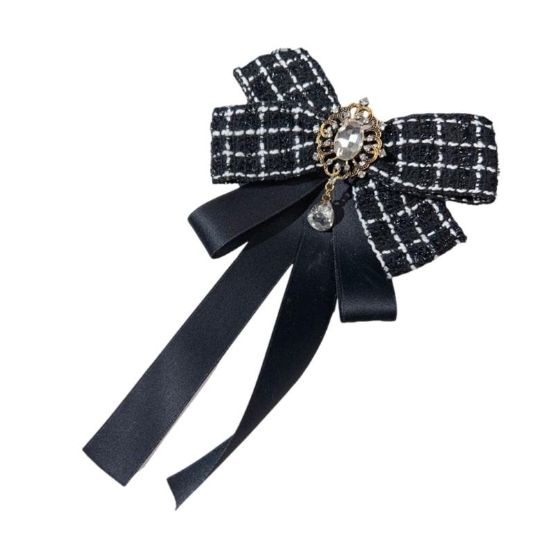 Vintage Plaids Ribbon Bowknot Brooch Pin Rhinestones Bowtie for Women Shirt Jabot Collar Pretied Necktie Clip Neckpiece