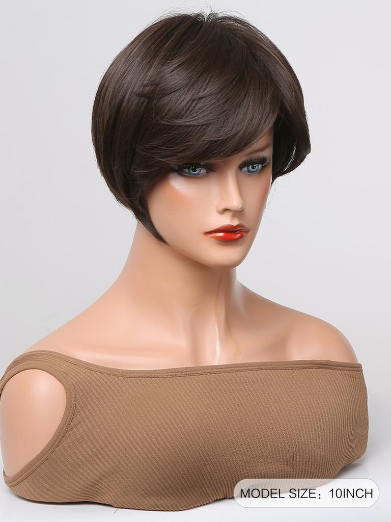 Short Synthetic Wigs Dark Brown Natural Wig with Side Bangs for Women Cosplay Daily Party Pixie Cut Wigs High Temperature Fibre