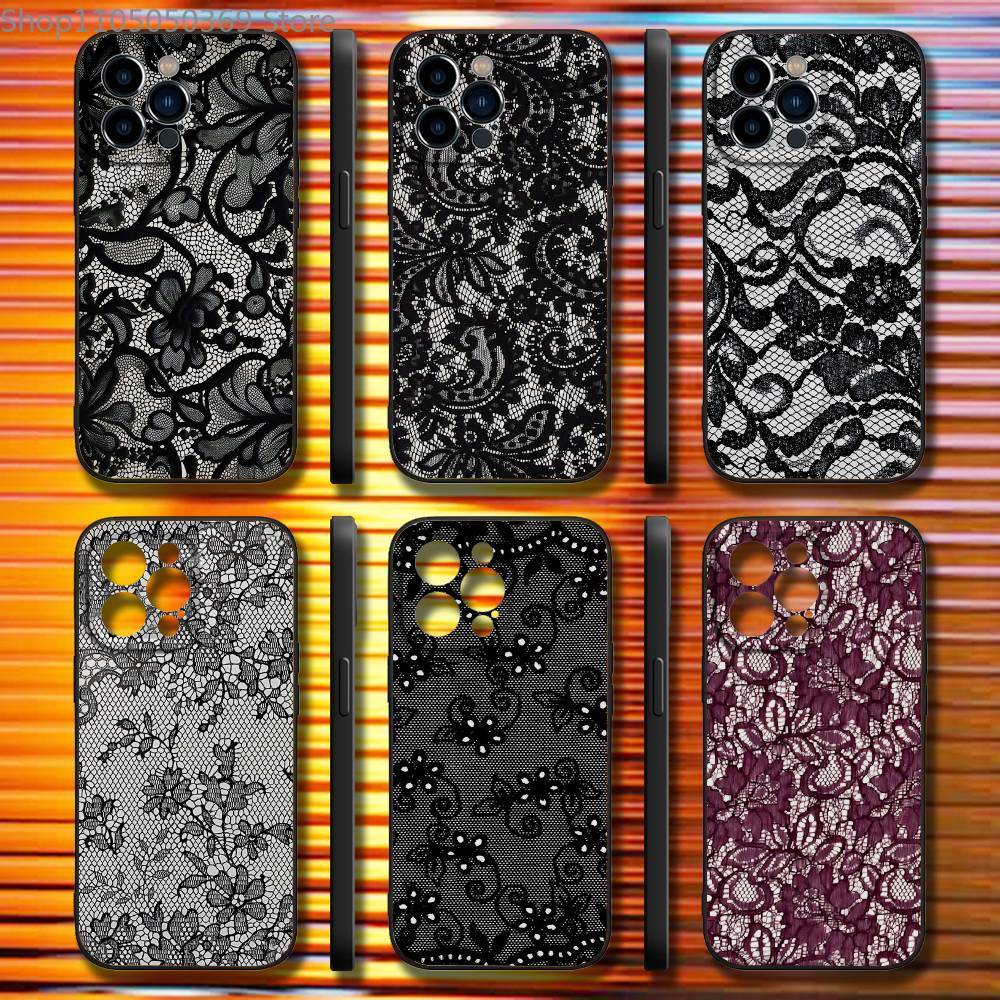 Lace Print Pattern Phone Case For iPhone 17,16,15,14,13,12,11,Pro,Max,Plus,X,XS,SE4,E,Mini,Soft Black Case
