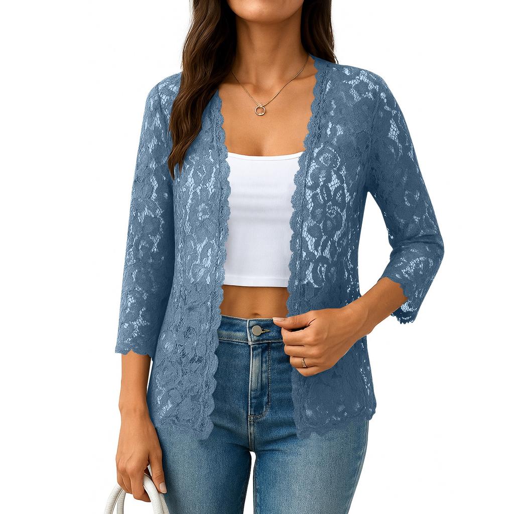 Cardigan da Donna a Manica 3/4 in Pizzo Floreale, Aperto Davanti, Leggero e Trasparente, Giacca Kimono per Uso Casual o da Festa