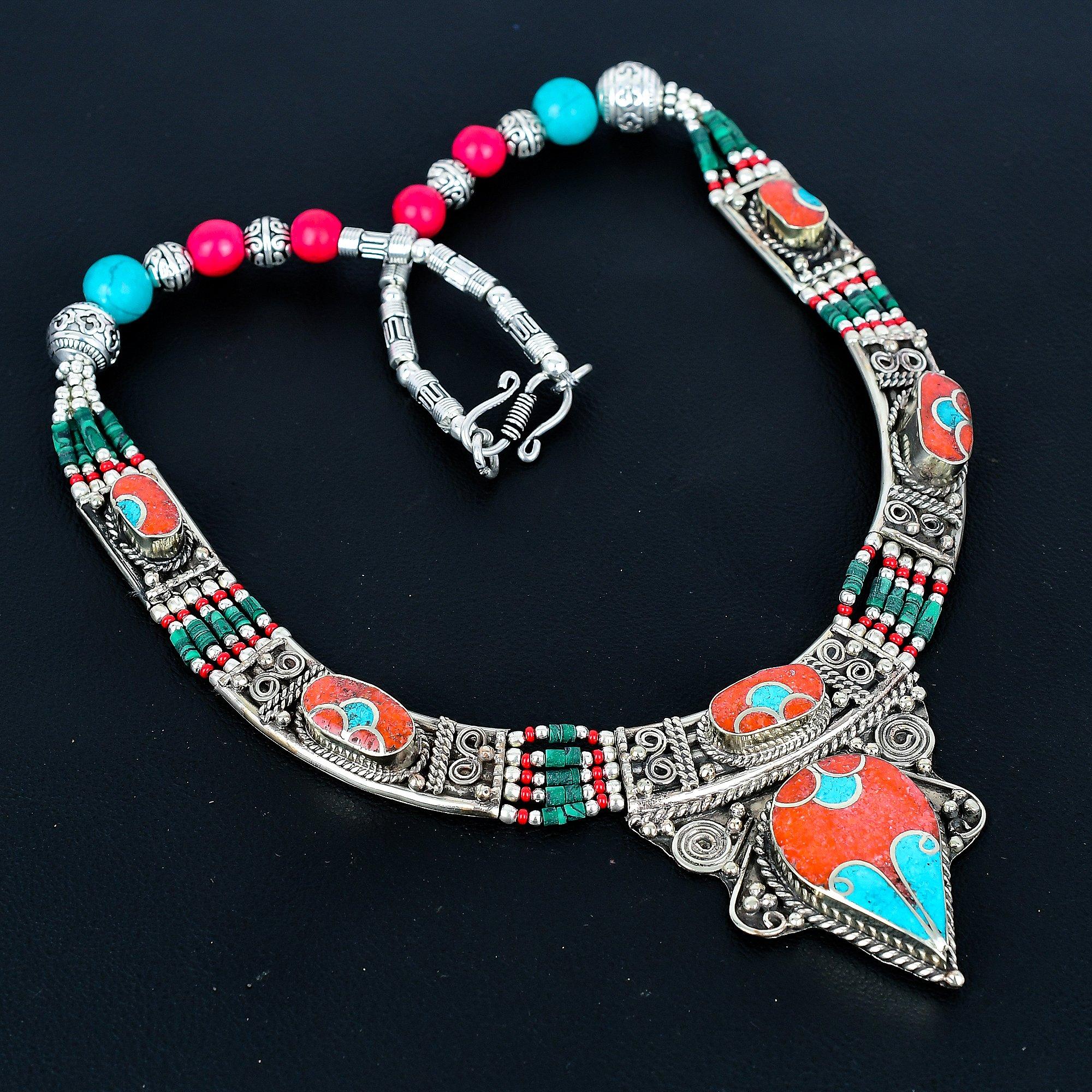 

Бирюзовый, Коралл Ожерелье из стерлингового серебра 925 пробы Тибетское серебряное ожерелье Богемное антикварное ожерелье Украшения ручной работы Непальское ожерелье Подарок для жены 20 красный