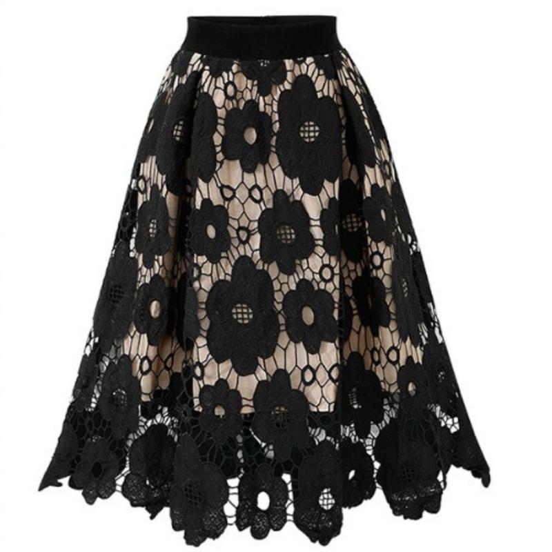 Crochet Hollow Out Flowy Patterned Lace Skirt Casual High Elastic Waist Below Knee Skirt Women's A Line Skirts Elastic Waist Skirts
