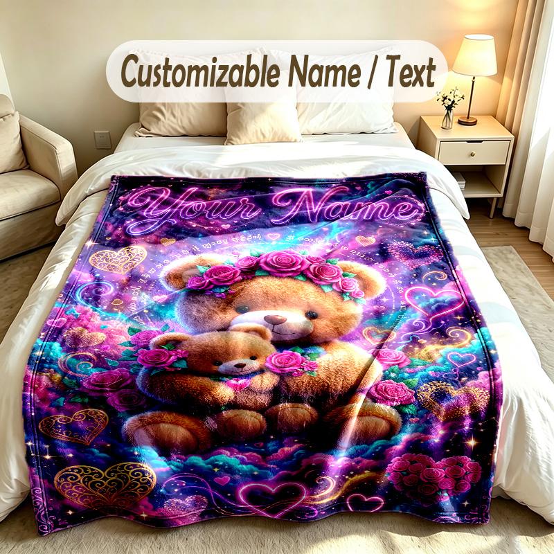 Teddy Bear Theme Custom Blanket Personalized Name & Text Customized Soft Warm Throw Blanket Home Decor