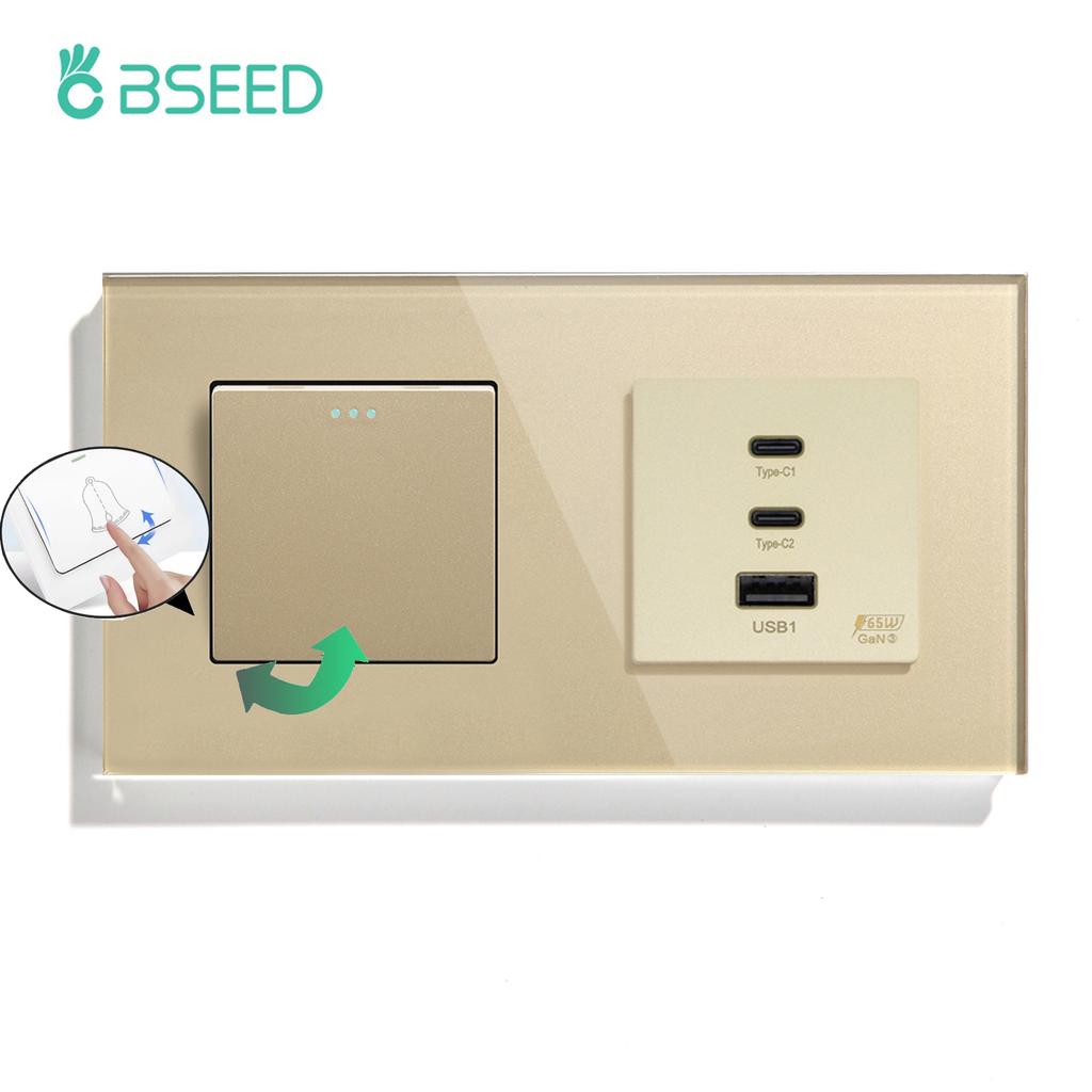 BSEED 1/2Gang Mechanical Light Switch 1Way With Fast Charging 65W USB C Socket Dual Typc-c Ports Glass Frame EU Standard
