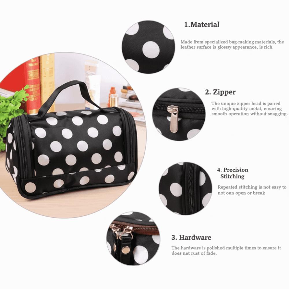 Fashionable Portable Makeup Bag Korean Style Large Capacity Travel Toiletry Bag Flip Design Polka Dot Pattern Handbag