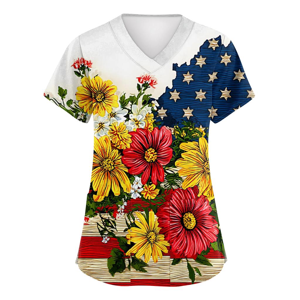Damen Kurzarm Unabhängigkeitstag Aufdruck V-Ausschnitt Tasche Arbeitskleidung Oberteil