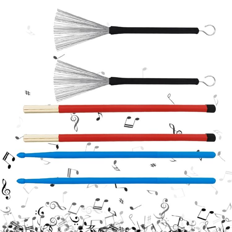 7pieces Drumsticks Bamboo Steel Wire Brushes Stick and Velvet Bag Retractable