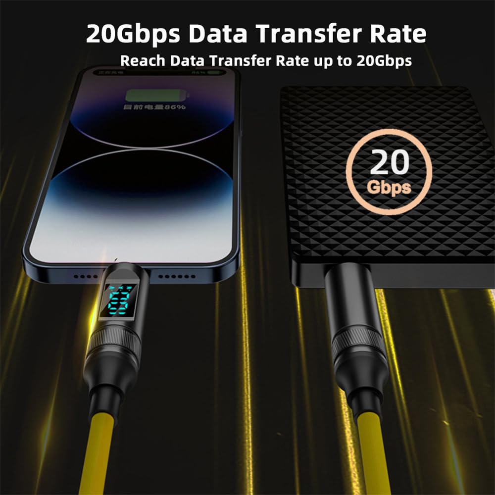 Cablecc 20Gbps To USB4 Smart LED Display Stretch Coiled 100W for Male To Power Data 180CM USB-C Cable, 8K, Laptops, Disks, Phones, Type-C Male, &