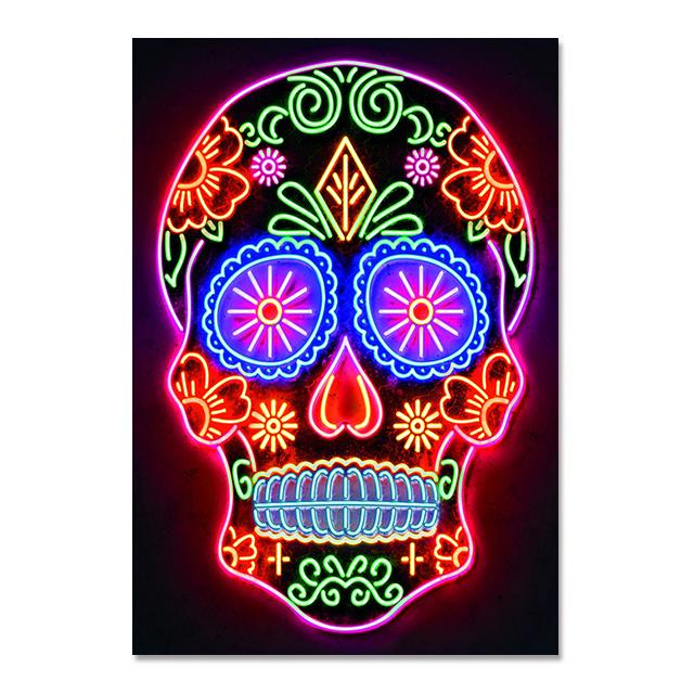 Neon Wall Art Skull Head Posters Day of The Dead Canvas Print Painting Pop Street Wall Art Picture for Home Bar Room Decor