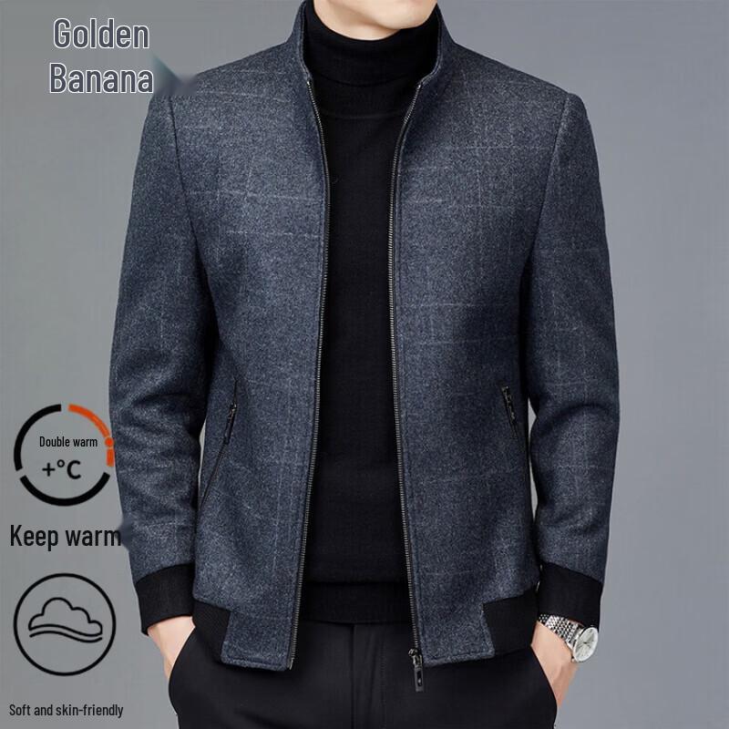 Men's Stand-Collar Wool-Blend Zip-Up Casual Jacket