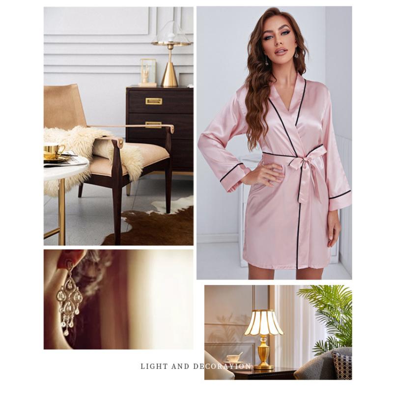 Pajama Women's Summer Ice Silk Sexy Bathrobe Pajamas Long-sleeved Lace-up Short Home Clothes Spring and Autumn Bride Morning Gown