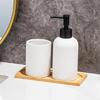 3-teiliges Badezimmer-Accessoires-Organisationsset mit Keramik-Handseifenspender, Holzschale und Zahnbürstenhalterbecher