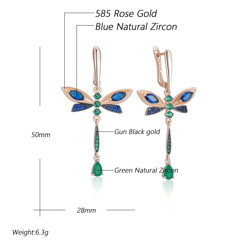 Blaue Natürliche Zirkon Libellen Hängeohrringe für Frauen Roségold und Schwarzgold Farbe Vintage Täglicher Feinschmuck
