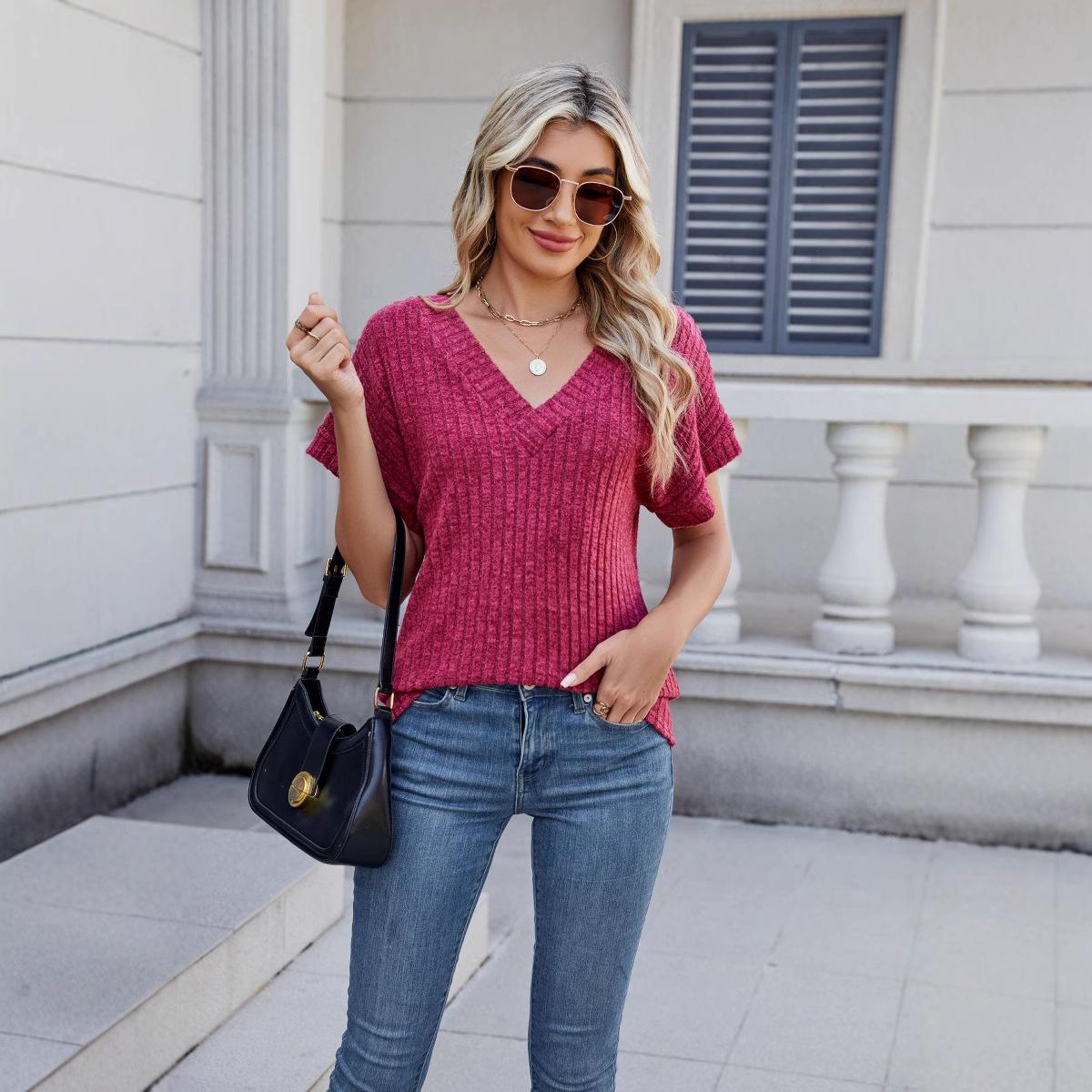 

GMXIA Весенняя женская свободная повседневная однотонная футболка с V-образным вырезом и коротким рукавом XXL бордовый