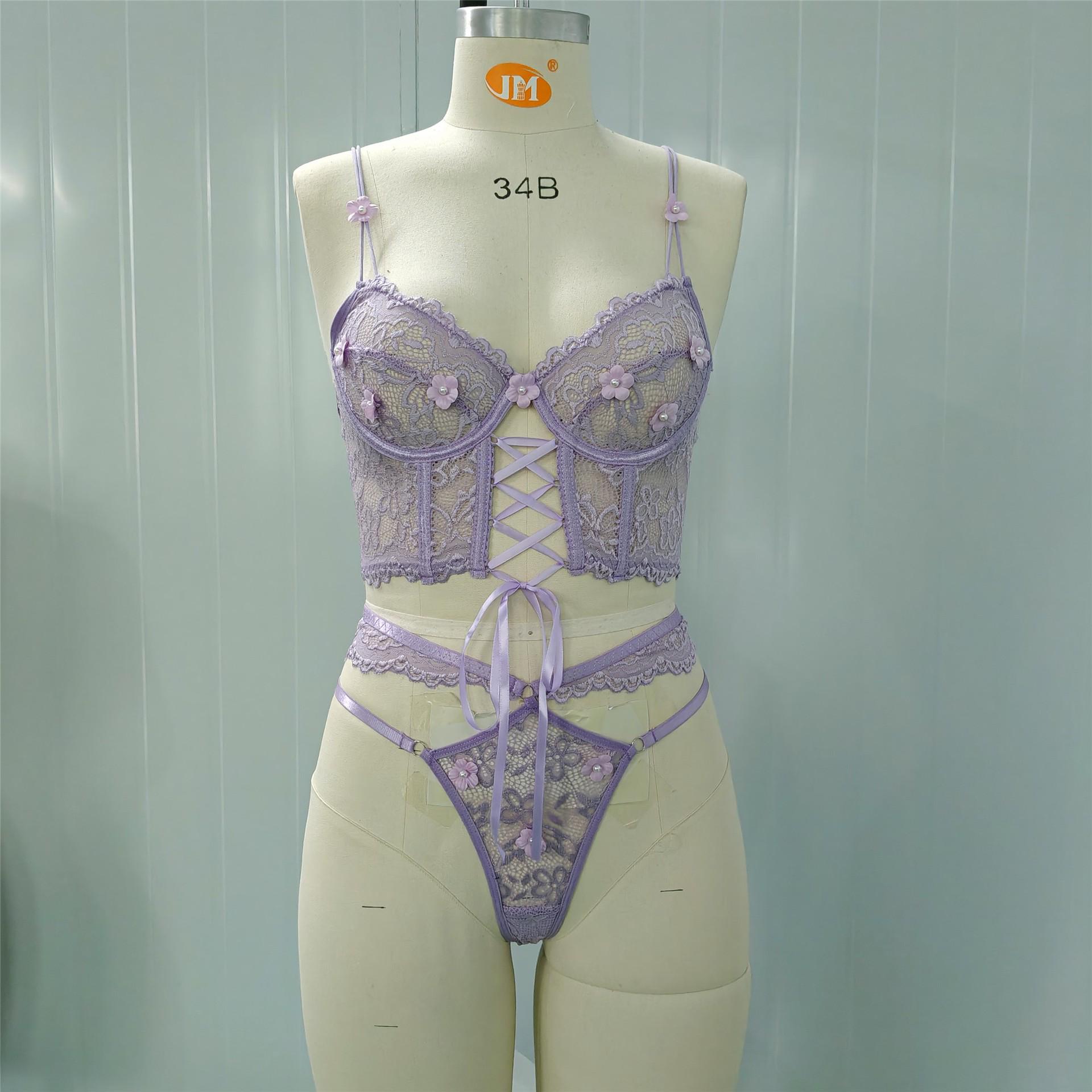 

Европейский и американский кружевной бюстгальтер на косточках со шнуровкой и комплект нижнего белья с 3D цветами из бисера L фиолетовый