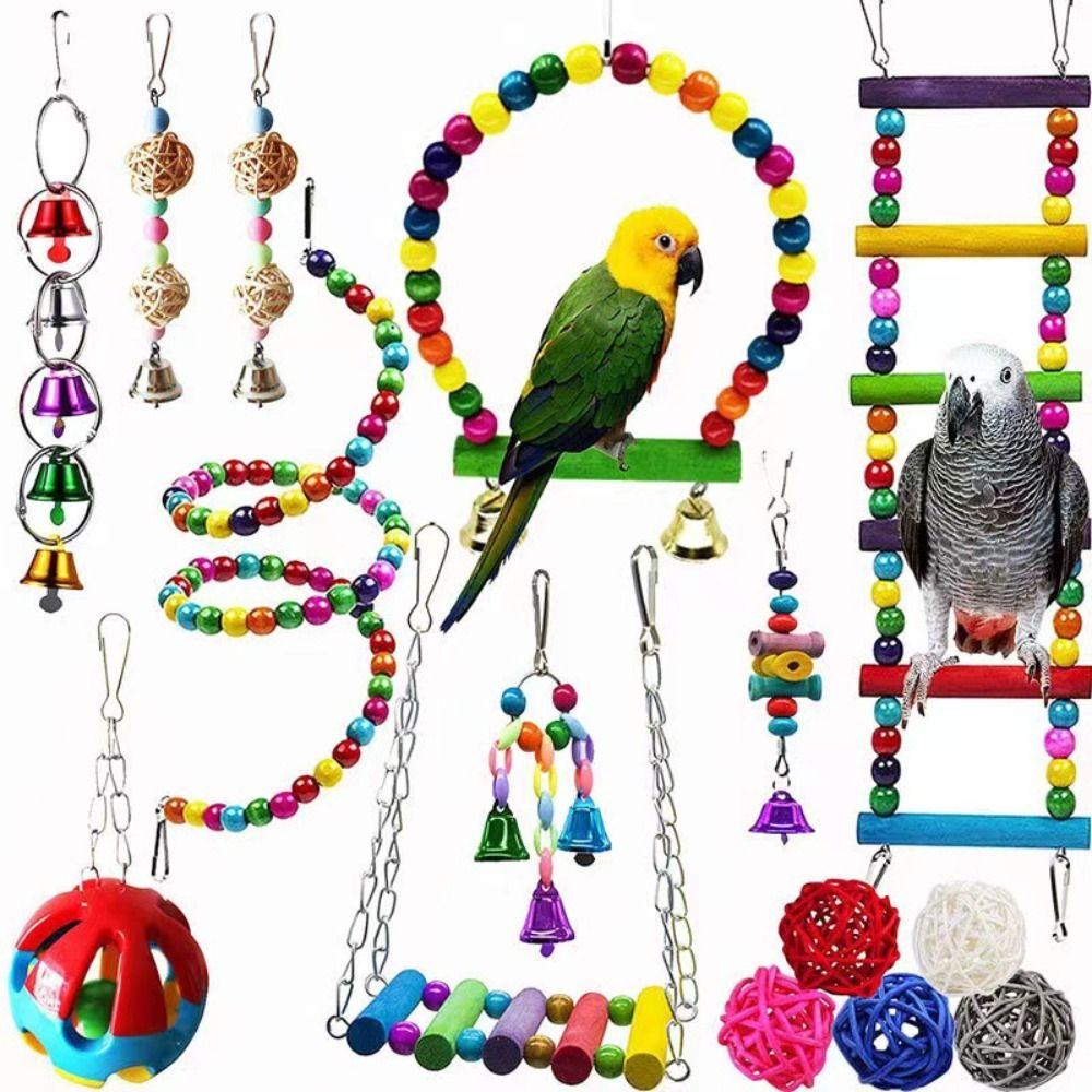 A Set High Quality Colorful Cockatiel Toys Durable Interactive Bird Cage Accessories Wooden Bird Toy Set Training