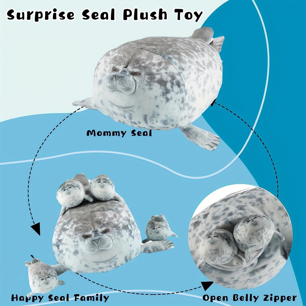 40cm Plush Blob Seal Pillow Mother with Four Kids Seal Chubby 3D Novelty Sea Lion Doll Stuffed Toy Pillow Gifts for Kids Girls