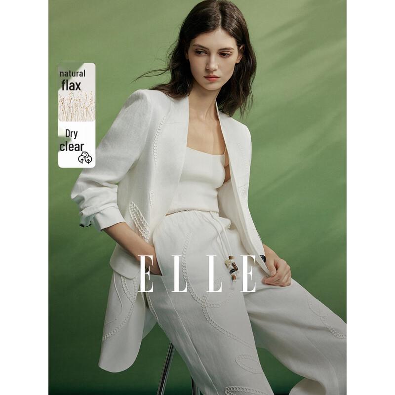 ELLE Women s White Linen Loose Blazer L