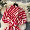 Women's Summer Waisted Tied Single Breasted Striped Shirt Long Dresses