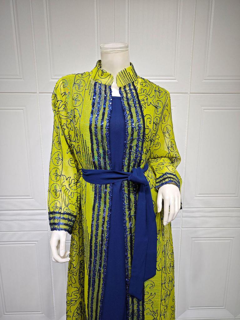 AB333 Elegant Middle Eastern Two-Piece Robe Set with Belt - Dubai Long Cardigan Dress