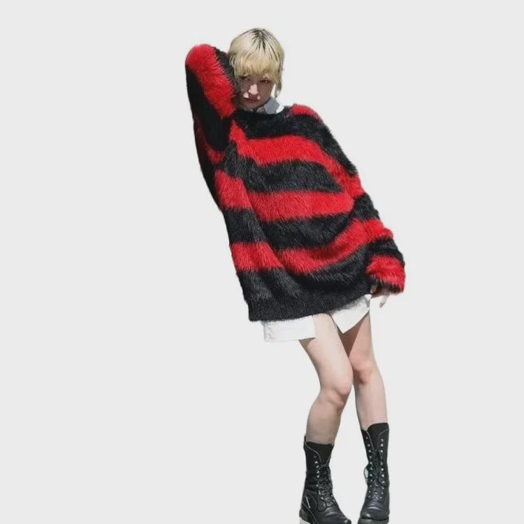 Red and Black Striped Seahorse Wool Men's Knitted Sweater - Winter Mink-Like Couple's Jacket