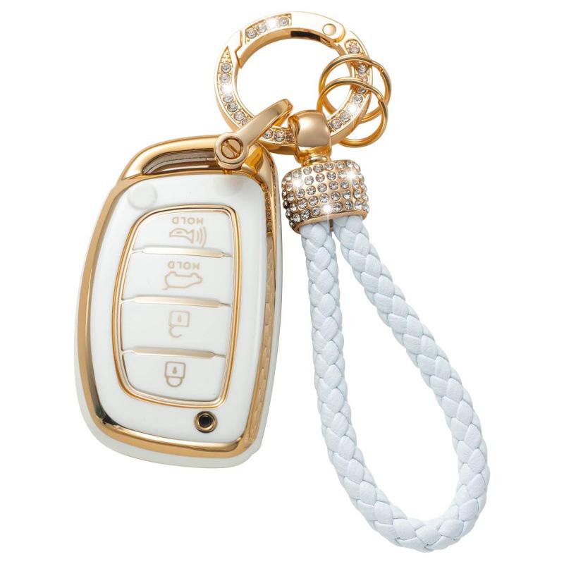 Gold-Rimmed Car Key Set with Diamond Ring Pendant Key Chain