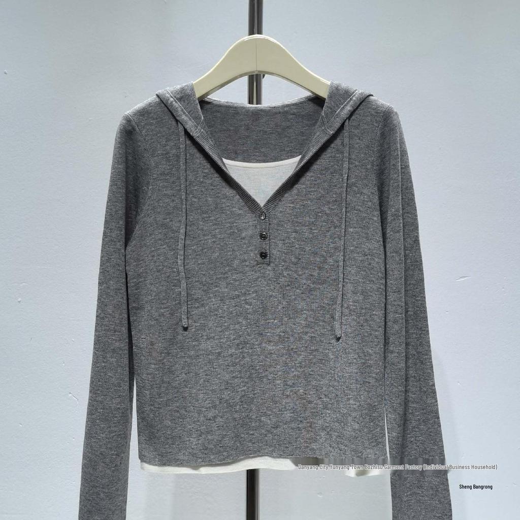 Poetry*Li Women's Hooded Two-Piece Look Long Sleeve Knitted Sweater, Autumn 2025 Collection.