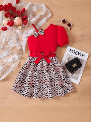 Girls' Summer One-Shoulder Red Tank Top & Leopard-print Skirt with Bow & Belt Set