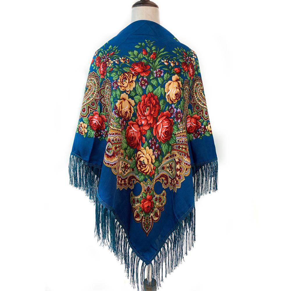 135*135Cm Russian Style Square Scarf For Women Luxury Floral Print Bandana Head Scarves Lades Fringed Shawl Headwraps Foulard