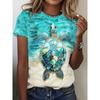 Ladies' Casual Short Sleeved T-shirt with Vibrant Turtle Mosaic Art Print - Turquoise and Gold Summer Top