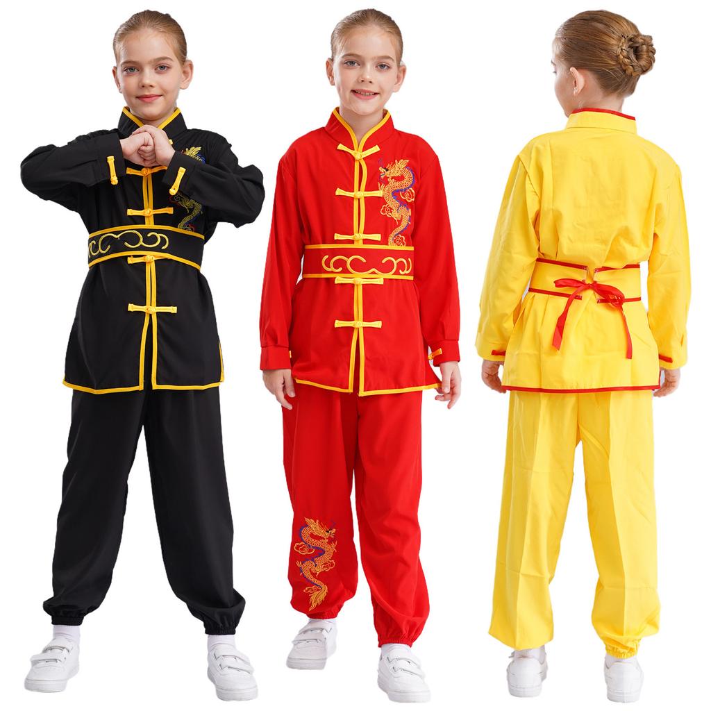 Kids Boys Girls Chinese Kung Fu Suit: Dragon Embroidery Tai Chi Uniform, Unisex Martial Arts Performance Costume for Children