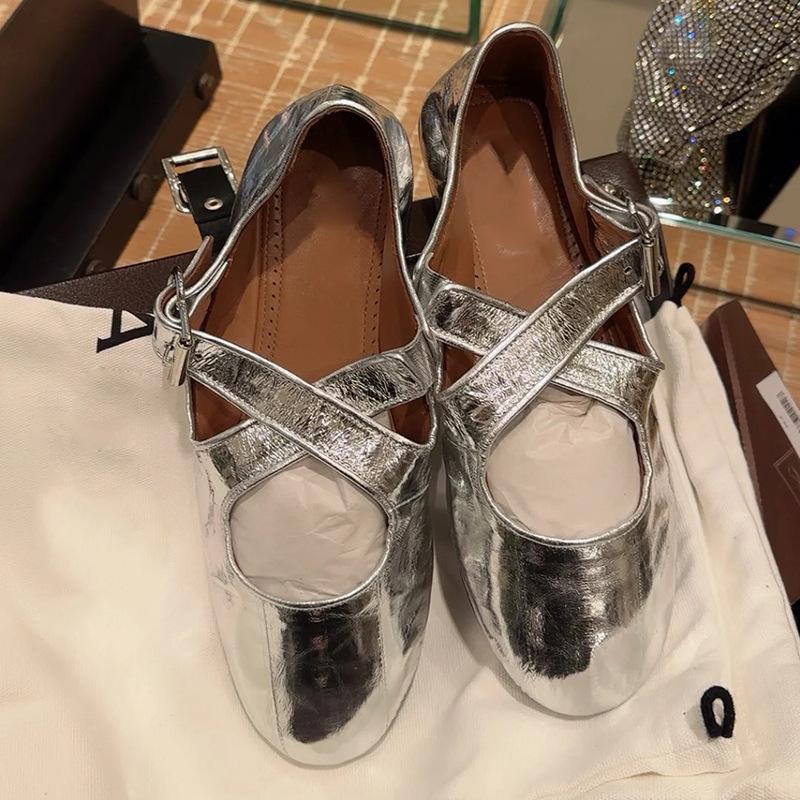 

Leather Niche Silver Fashion Ballet Flats Round Head Light ** Fork Strap Mary Jane Single Shoes Women s Shoes Summer and Autumn 40 серебряный