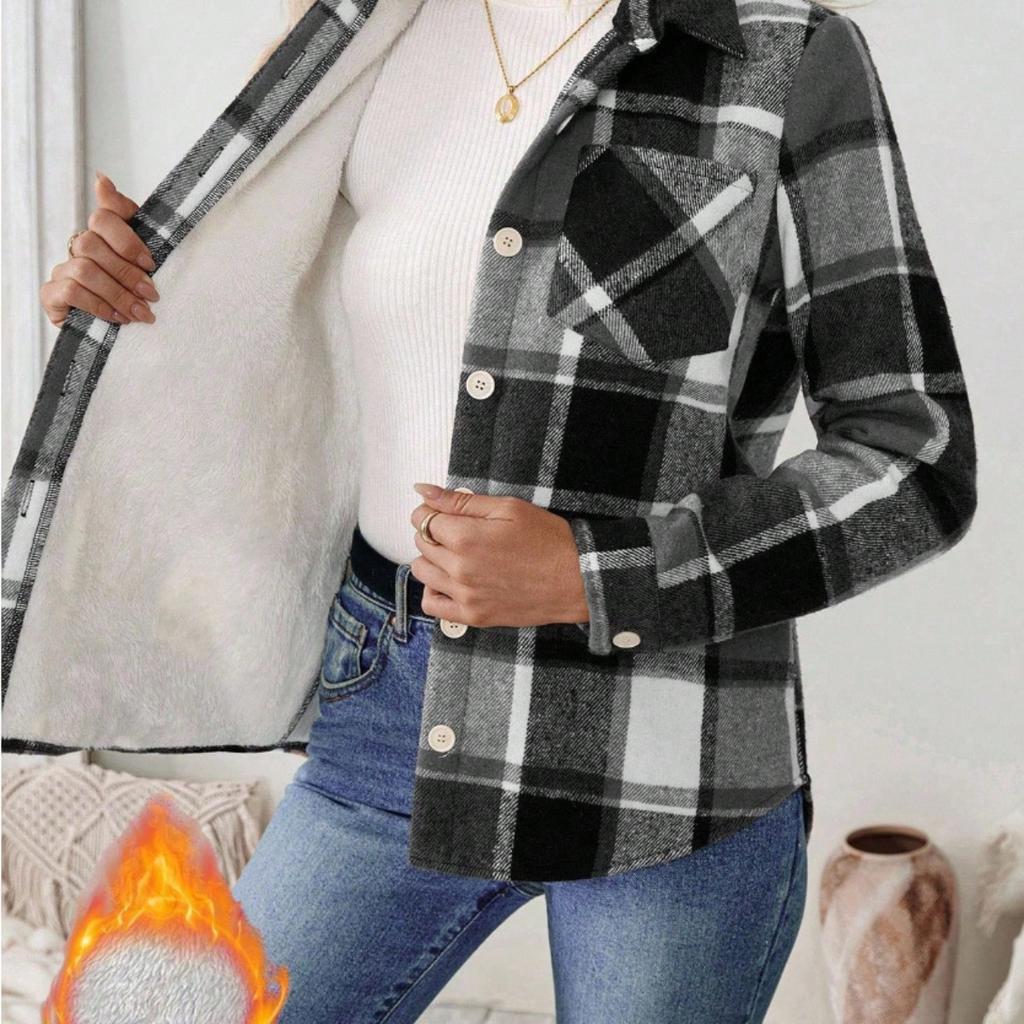 Ladies', Plush, Warm Shirt, Button Up, Lapel, Pocket, Plaid Top, Casual Shirt