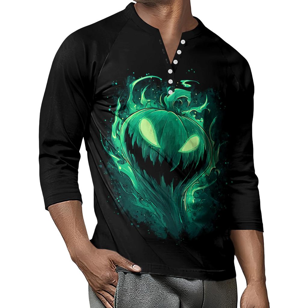 Men's Button-Down Contrast Raglan 3/4 Sleeve Top