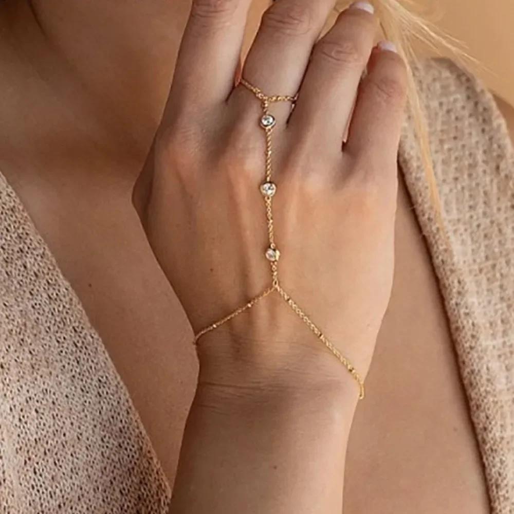 Gold/Silver Finger Bracelets Shiny Rhinestones Delicate Thin Chain Ring Bracelets Handmade Multilayer Vintage
