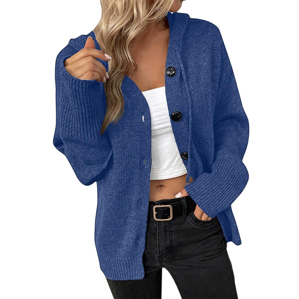 Women's New Autumn-Winter V-Neck Solid-Color Single- Knit Sweater Hooded Cardigan