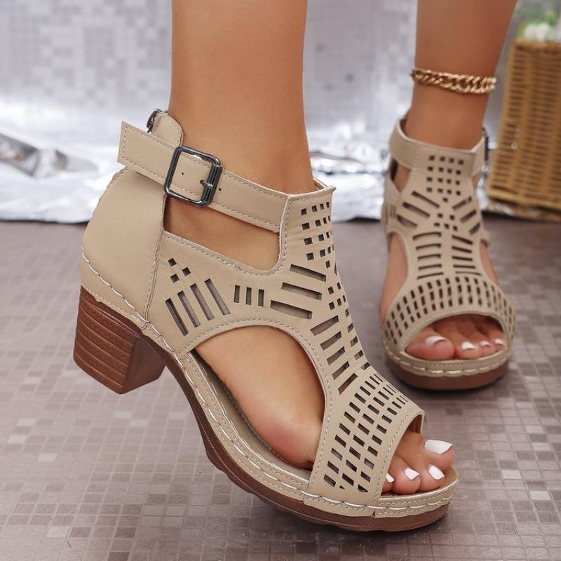 Roman Style Women'S Sandals Breathable And Stylish Hollow Out Fish Mouth Open Toe Ankle Strap Wedges Sandals For Outerwear