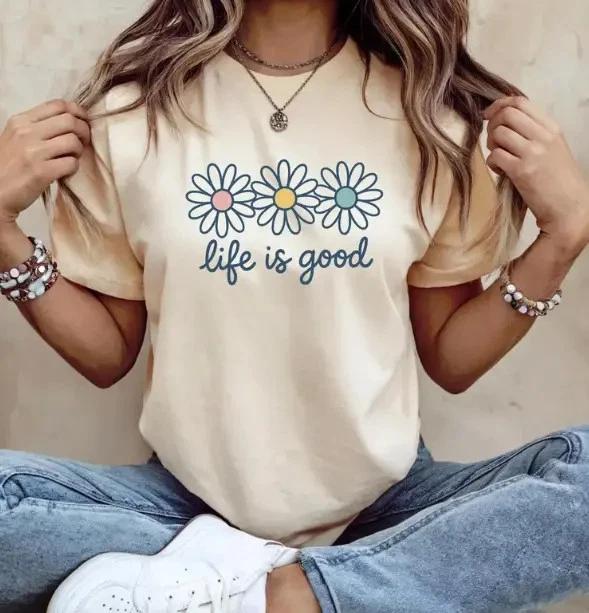 

Life is Good T-Shirts, Wildflower Shirt for Women, Summer Shirt, Flower Shirts L