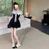 French One-Shoulder Colorblock Bow Dress - Autumn Slimming A-Line Mini Skirt