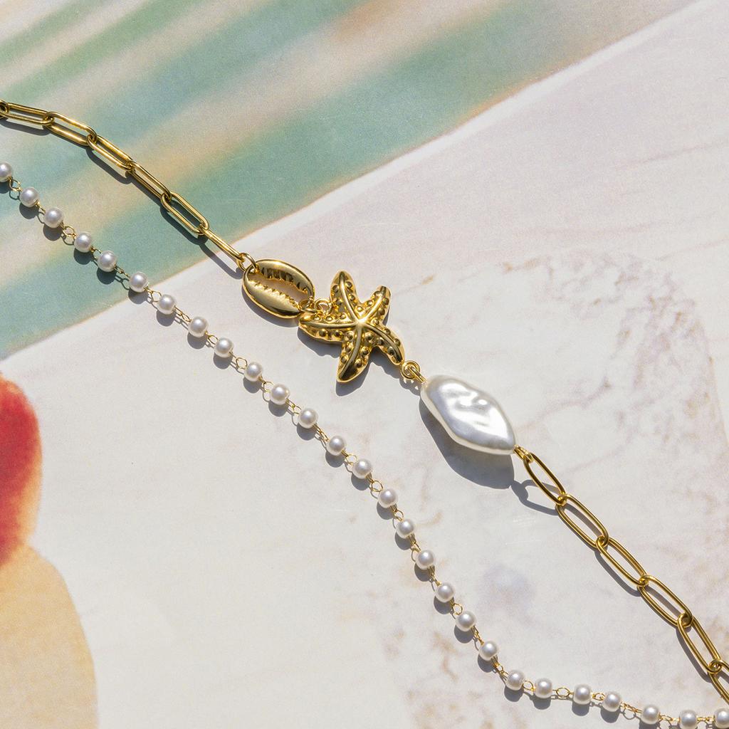 Youthway Summer Holiday Multi-Layer Bracelet Stainless Steel Irregular Imitation Pearl Textured Starfish Bracelet For Women Gift