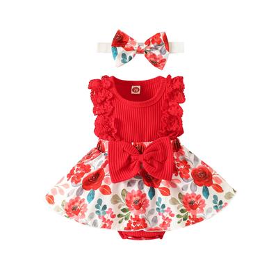 Infant Baby Girls Patchwork Jumpsuit, Flower Print Lace Sleeveless Round Neck Front Bowknot Romper + Headband