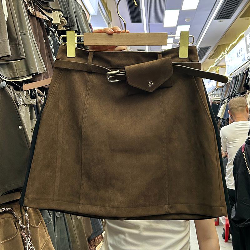 Coffee Faux Suede High-Waisted A-Line Skirt - Slimming & Versatile Autumn/Winter Korean Style for Women S
