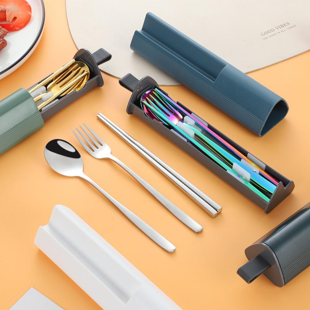 3Pcs/Set Pull-out Design 304 Stainless Steel Tableware Set Spoons Chopsticks Cutlery Set  Worker