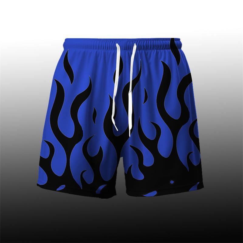 Flame Pattern Cool Harajuku Men's Board Short Y2k Personality Fire Stripe 3D Print Beach Shorts Breathable Loose Fashion Trunks