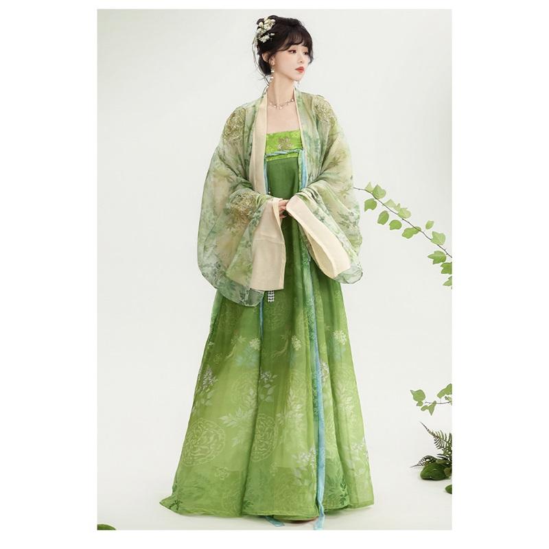 Grünes Hanfu-Set der Tang-Dynastie - Chiffon Qixiong Ruqun mit Pishan-Umhang, Traditionelles Chinesisches Kleid für Damen für Frühling und Sommer
