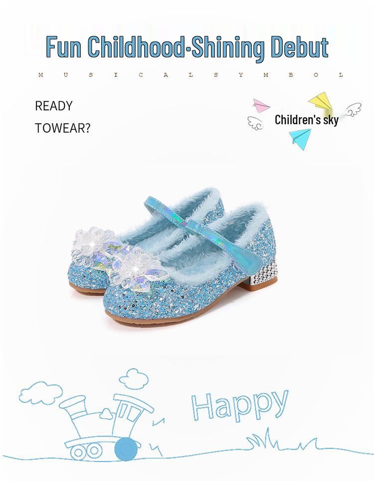 Elsa Princess Crystal High-Heeled Furry Velvet Children's Shoes - 2024 Autumn/Winter Collection