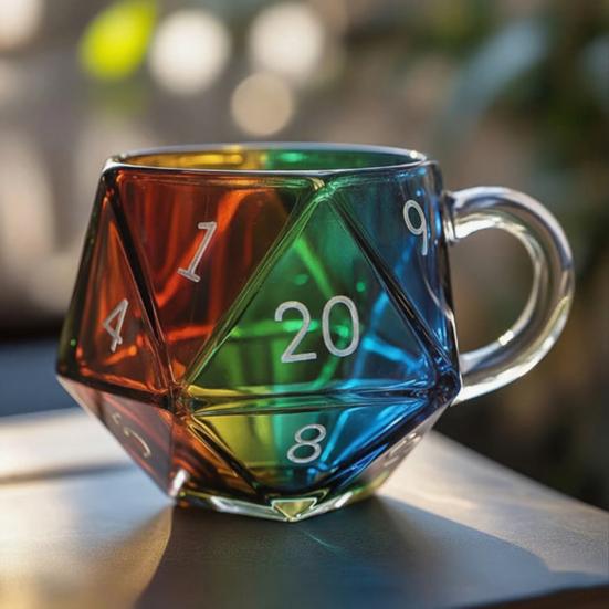 Rainbow Dice Mug Glass Tea Cup Multicolor Funny Coffee Cup Fantasy Themed Home Decor Gift for Dice Lovers
