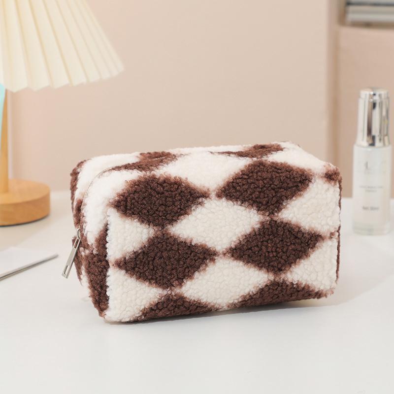 Large Capacity Pencil Case Plush Design Checkerboard Pattern Plush Pencil Case Large Capacity Stationery Storage Bag