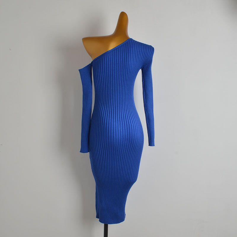 Western Style Gyaru Sexy One-Shoulder off-Shoulder Long Sleeve Knitted Dress Women Spring and Autumn Slim Fit Slimming Split Hip Skirt