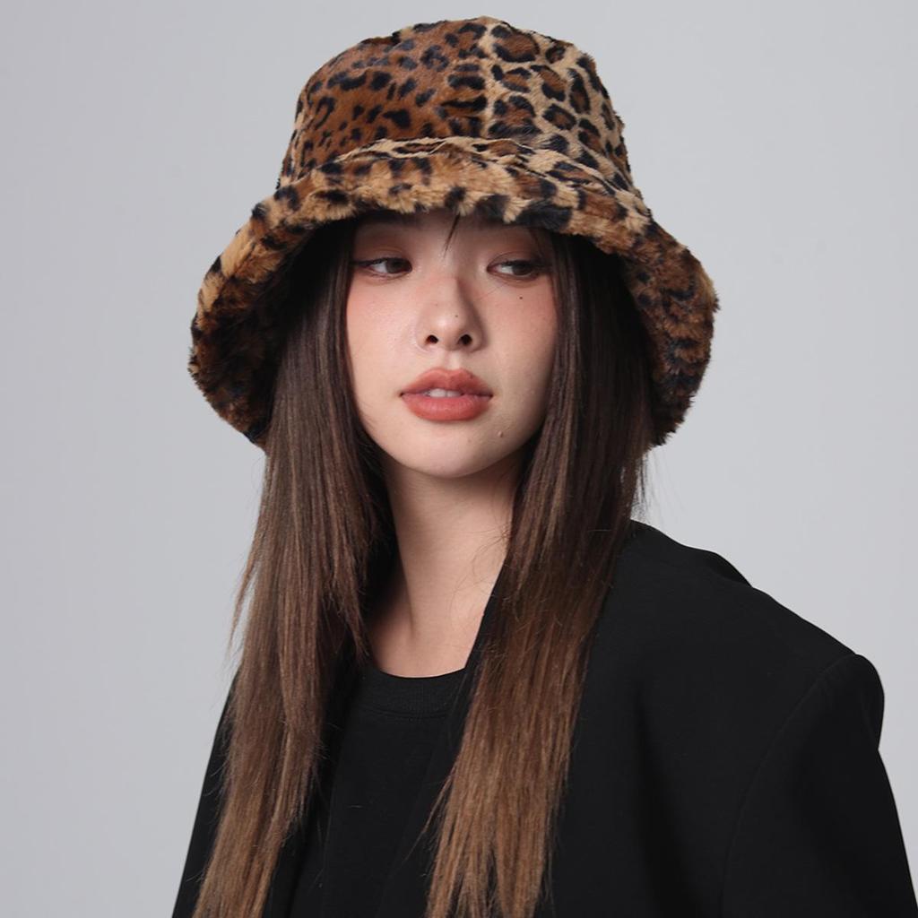 Plüsch-Bucket-Hat mit Leopardenmuster - Warm, Trendig, Unisex